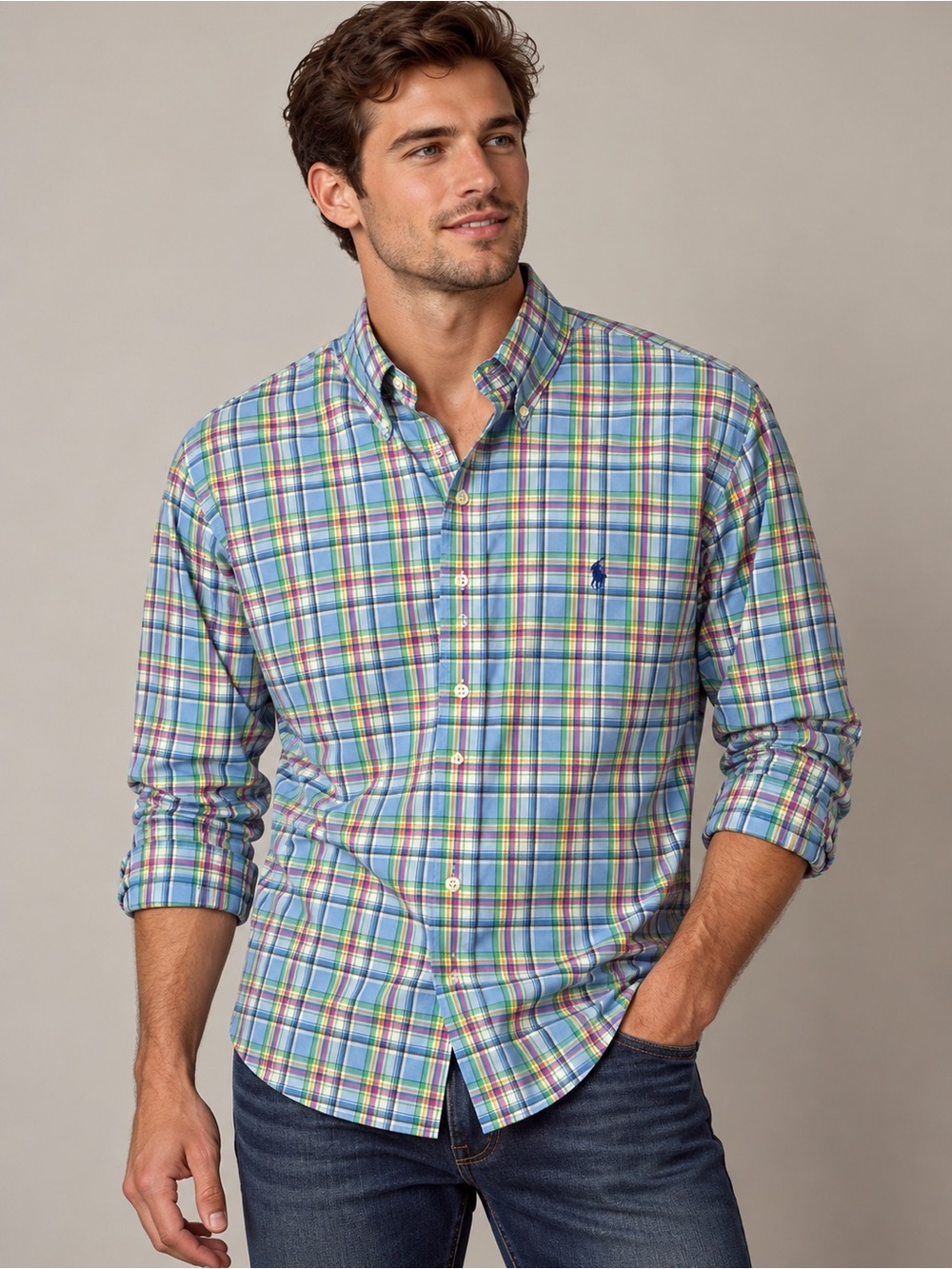 Ralph Lauren Men’s XL Blue Multicolor Plaid Button Down Shirt 100% Cotton